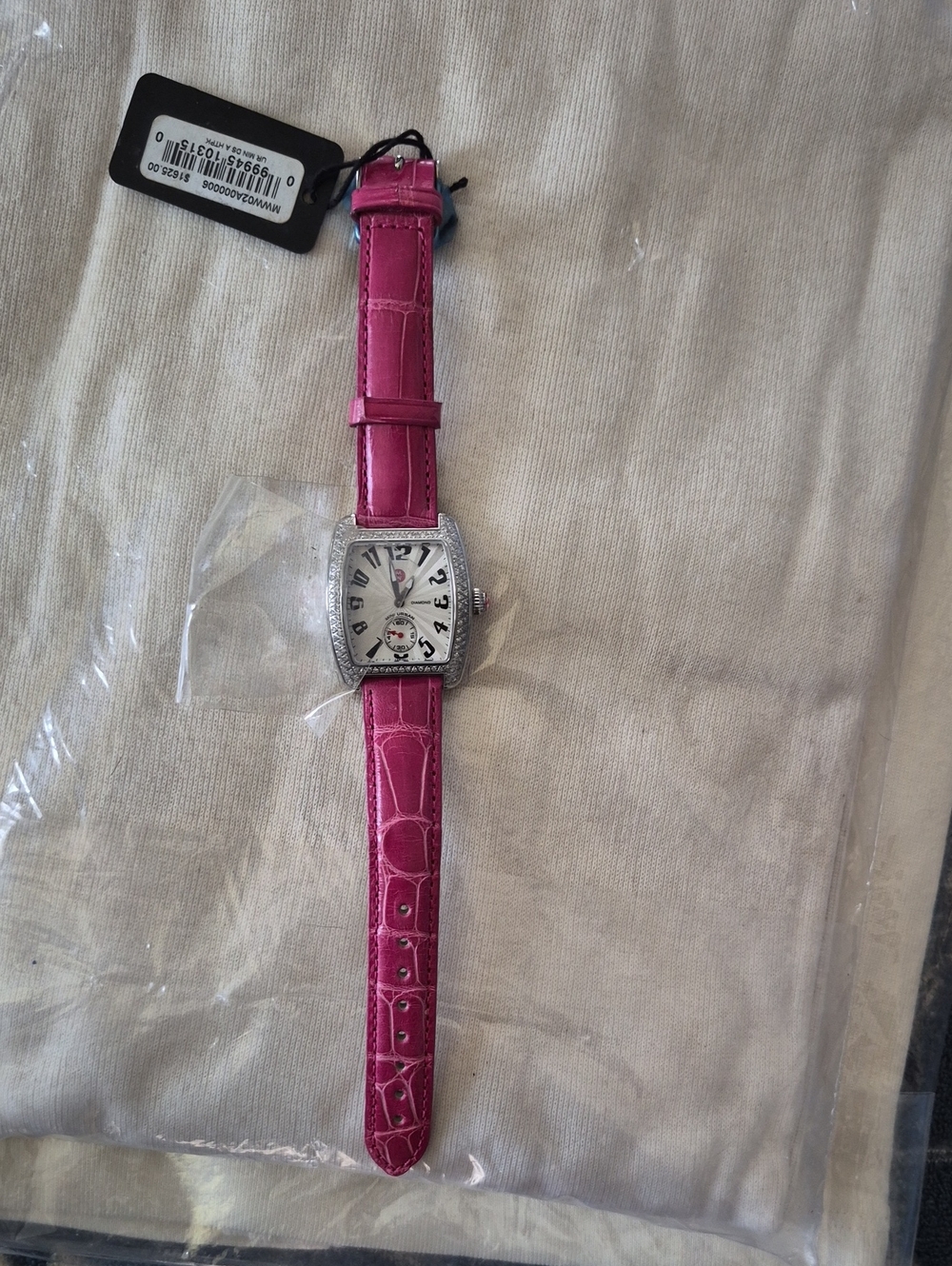 Michele Women's Urban Diamond Watch.Pink Leather-Strap Watch with Silver Casing.